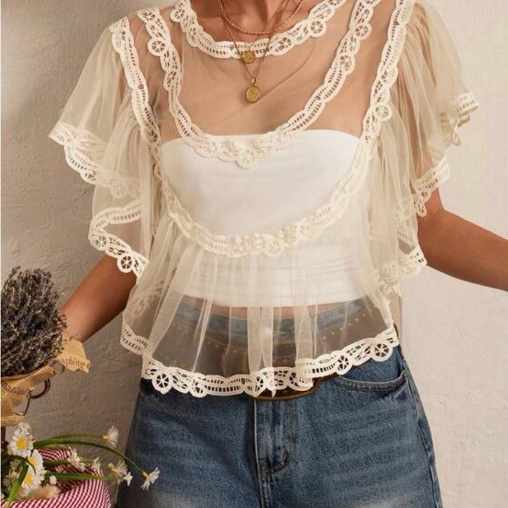 Boho cream semi sheer butterfly sleeve ruffle detail blouse